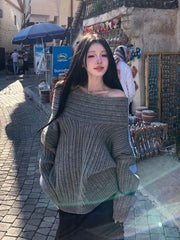 Hnewly   Sexy Vintage Grey Sweaters Women Off Shoulder Korean Style Jumper Elegant Slash Neck Harajuku Long Sleeve Pullovers