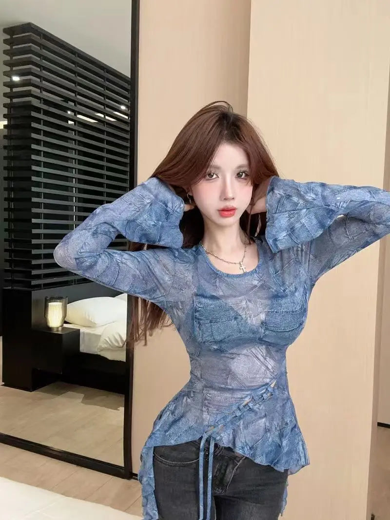 Hnewly  Elegant Sweet Mesh Long Sleeve T-shirts Y2k Slim Fit Irregular Top for Women Spring New Bottoming Blue Tee Shirt
