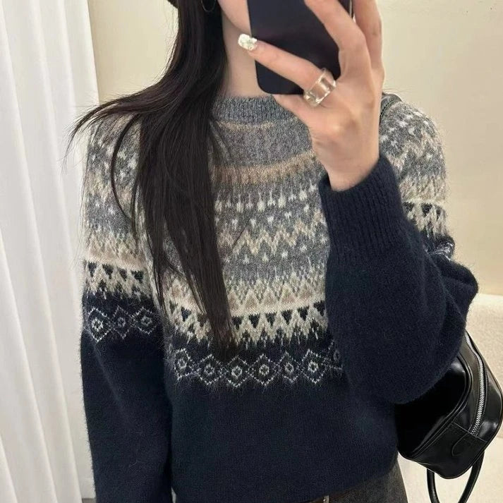 Hnewly  Streetwear Vintage Jacquard Pullovers Harajuku Women Knitted Patchwork Casual Sweaters Y2k Aesthetic Loose Grunge Jumpers