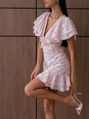 Hnewly  Women Plaid Waist-cinching Chic Mini Dress Sexy V-neck Puff Short Sleeve High Waist A-line Dresses New Highstreet Outwear