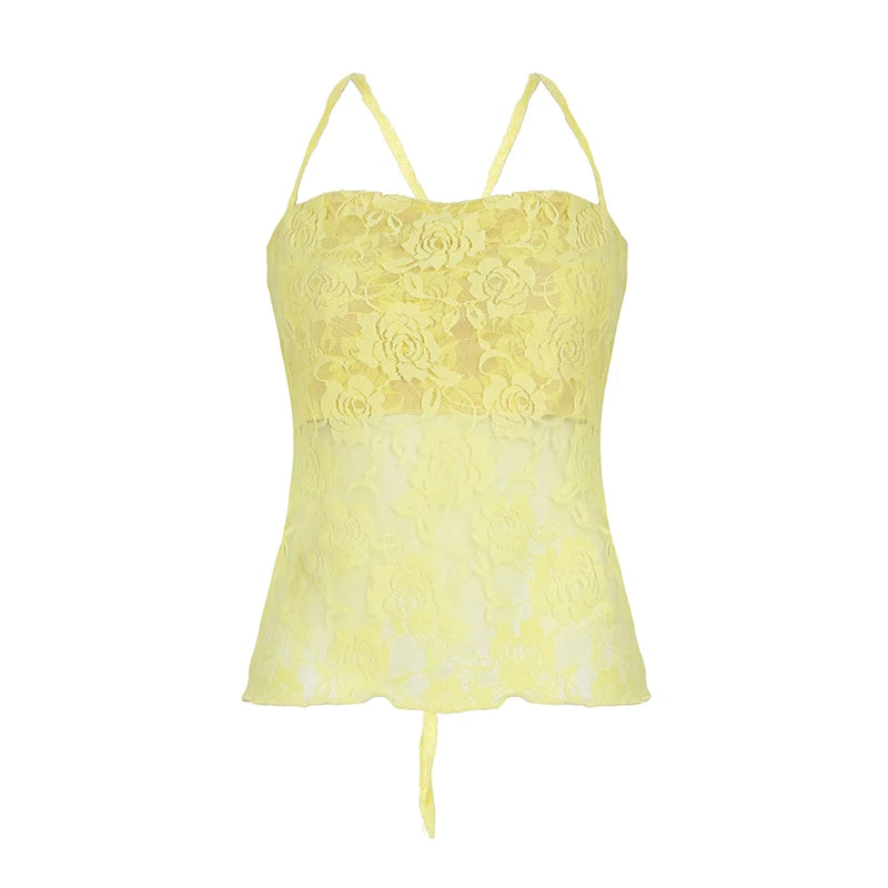 Hnewly Summer Casual Bandage Backless Lace Camis Holiday Casual Patchwork Lace-up Halter Cropped Top y2k Aesthetic Tees Vintage
