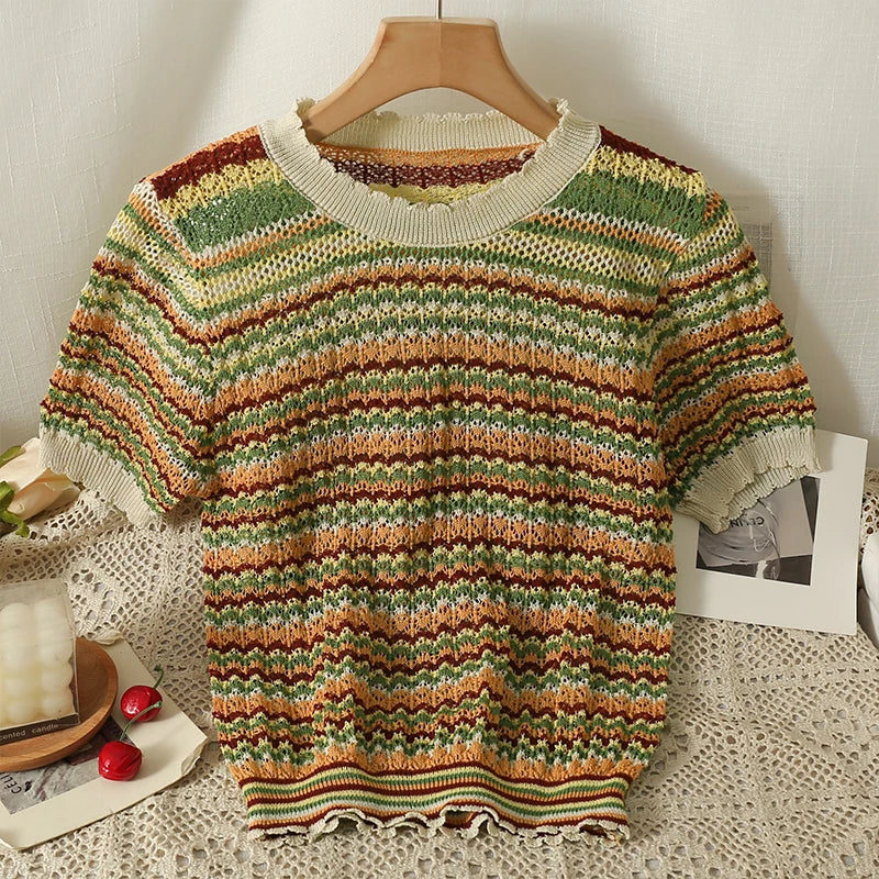 Hnewly Colorful Striped Knitted T Shirt For Women Spring Summer Hollow Out Sexy Streetwear Tops Korean O-Neck Short Pullover Blouses