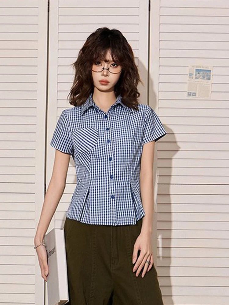 Hnewly Vintage American Plaid Shirt Women Slim Preppy Style Short Sleeve Blouse Casual Pocket Retro Female Single Breasted Tops