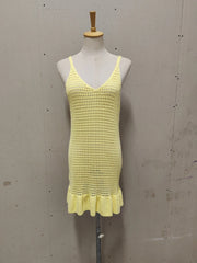 Hnewly  Knit Ruffled Hollow Out Mini Dress Female V-Neck See-Through Holiday Beach Casual Clothes Summer Women's Knitwear Dress