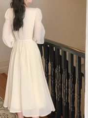 Hnewly  Spring French Elegant Solid Midi Dress Woman Long Sleeve Fairy Party Dresses Casual One Piece Dress Korean Female Fashion