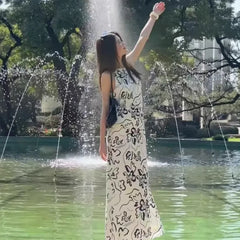 Hnewly  Floral Print Crop Top Long Skirt Slimming Lightweight Summer New Design French Style High Waist Knitted Dress Casual Vintage