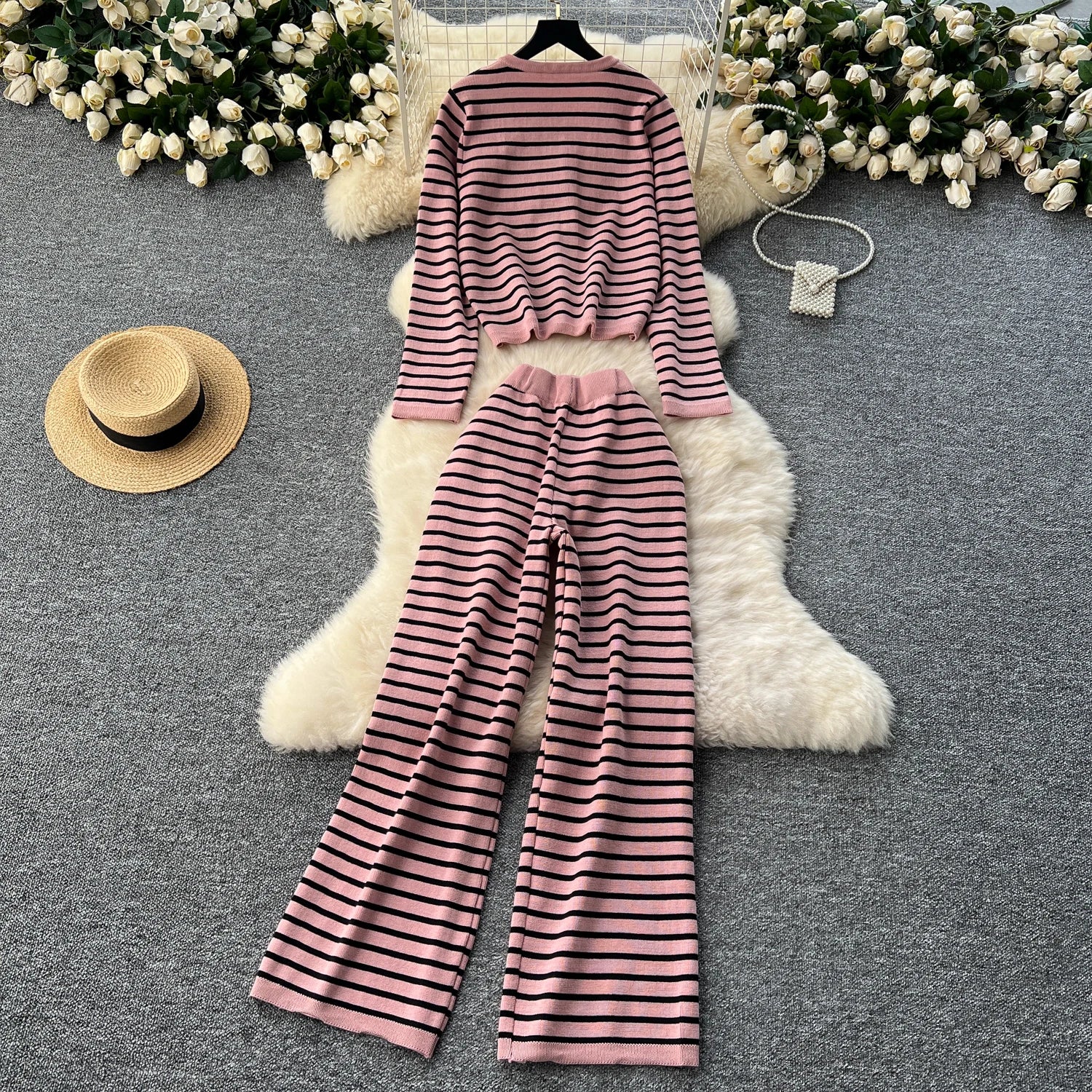 Hnewly  Elegant Knitted Set for Women's High End Versatile Round Neck Striped Knitted Cardigan+High Waist Casual Wide Leg Pants 2PCS