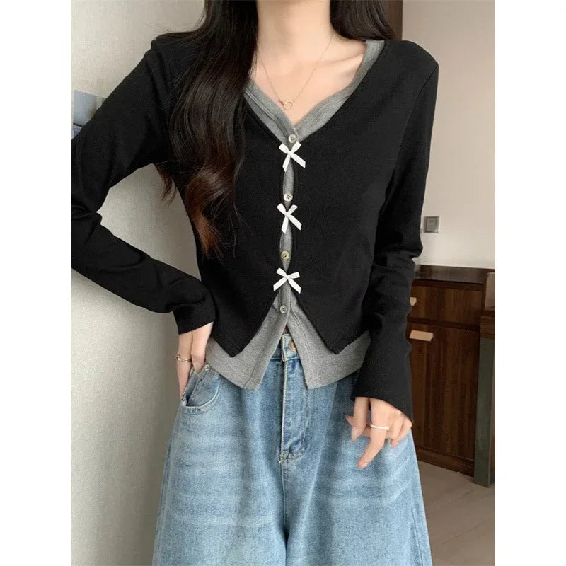 Hnewly  Bow Button Knit Top Fake Two-piece V-Neck Crop Long Sleeve T-Shirt for Women Teen-girl Autumn Winter Y2K 90s Outfit
