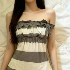 Lunivop  Euramerican Sweet Draped Bow Strapless A-line Tops Y2k Aesthetic Constrast Color Striped Camisole Harajuku Punk Girl Tops