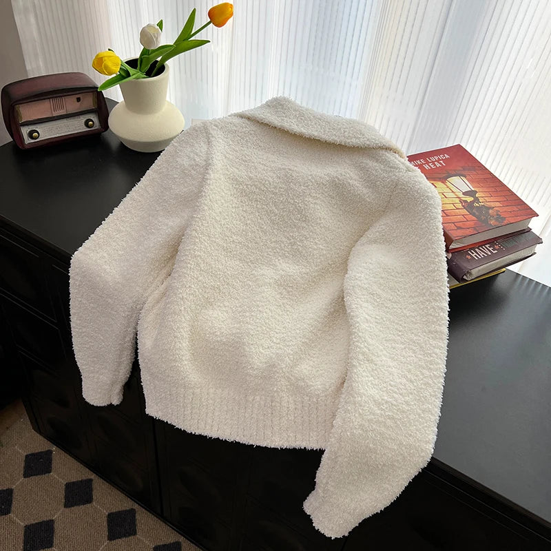 Hnewly  Lamb Wool Cardigan Jacket Women 2025 Autumn Winter New Korean Loose Sweater Coat Fashion Zipper Lapel Knittted Outerwear