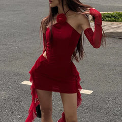 Hnewly  Red Dance Party Holiday Street Matching Outfits For Hottie Girls 3D Flower Halter Cropped Tank Tops+Side Trim Ribbon Skirts