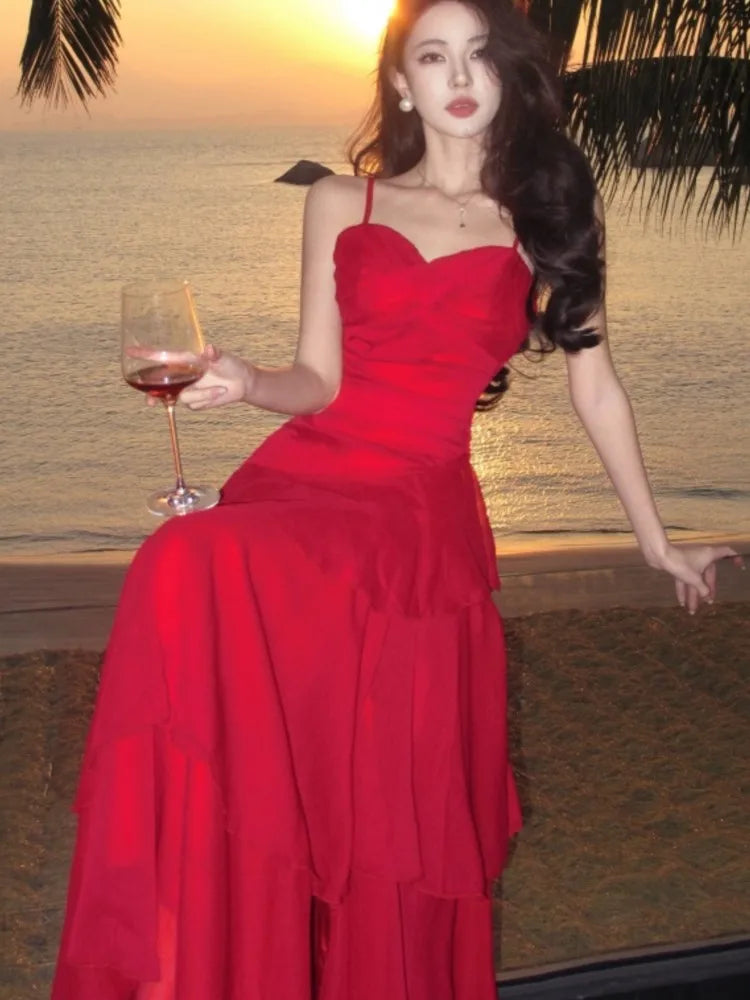 Hnewly Summer Red Womens Dresses Elegant Spaghetti Strap Sleeveless Ruffles Birthday Party Long Dress Holiday Prom A-Line Vestidos New