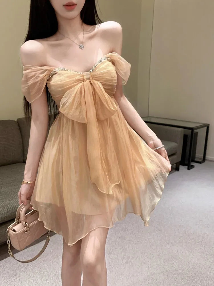 Hnewly  Mini Dresses Women Rhinestone Off Shoulder Bow Slim Backless Irregular Solid Backless Party Dress Elegant Ladies Sweet