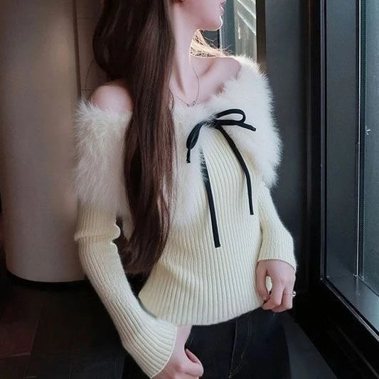 Hnewly  Y2k Aesthetic Furry Patchwork Slash Neck Sweater Women Harajuku Bandage Bow Pullover Autumn Vintage Bodycon Fairy Jumpers