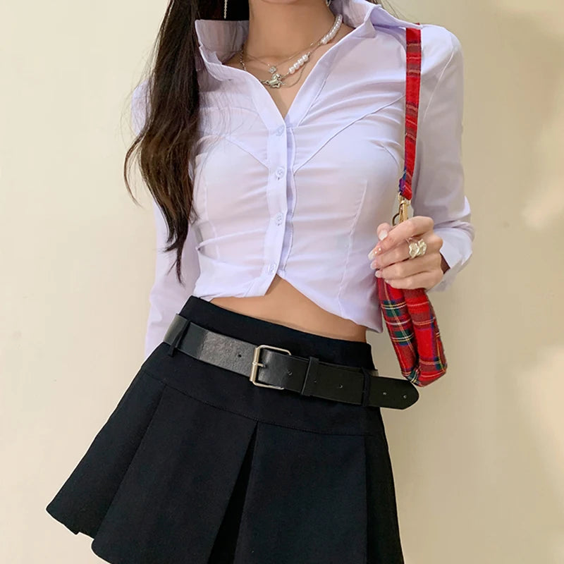 Hnewly 2025 spring fashion trend Y2k White Women Crop Shirts Korean Sexy Slim Long Sleeve Female Casual Blouse Autumn New Office All Match Button Ladies Tops