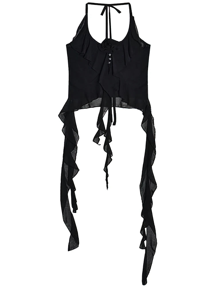 Hnewly  Sexy Y2k Vintage Thin Strape Ruffle Halter Crop Top Women Backless Basic Sleeveless T shirt Off shoulder Club Party Lady Tees
