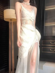 Hnewly  Y2k Aesthetic Lace Patchwork Slip Dress Harajuku Grunge Cross Pleated Woman Dresses Summer Streetwear Irregular Split Vestidos