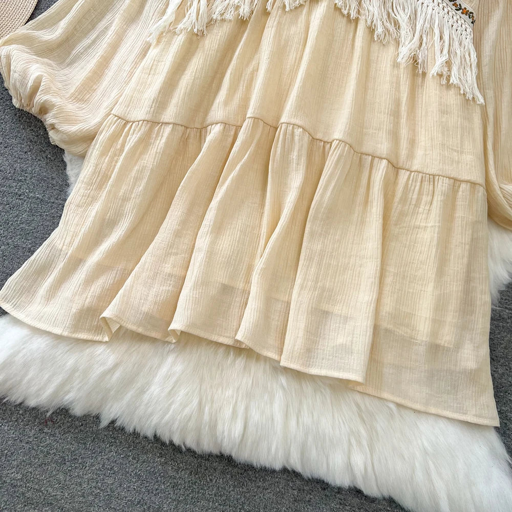 Hnewly  Tassel Patchwork V-neck Vacation Dress Sweet Lantern Sleeves Loose Mid Length A-line Dresses Elegant Embroidery Beach Vestido