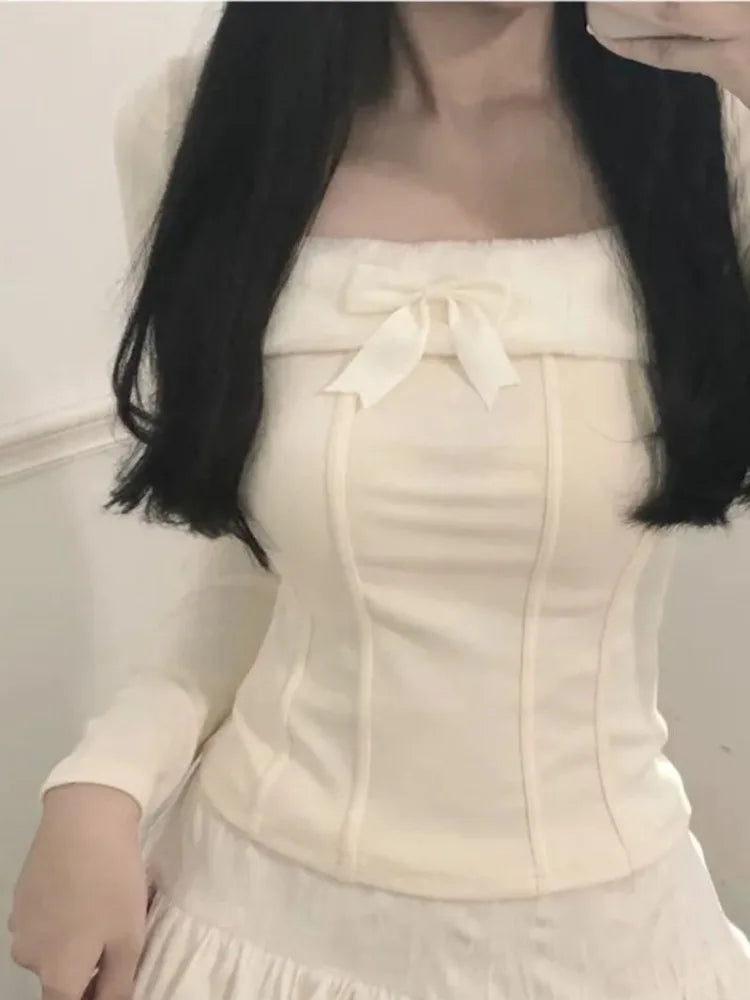 Hnewly Fashion Square Collar Bow Tops Women Spring Autumn New Thicked Warm Bottoming T-shirts Y2k Slim Fit Long Sleeve Blusas Mujer