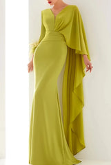 Hnewly  Fashion Solid Color V-Neck Shawl Sleeve Design High Waisted Long Dress for Women Elegant Midi Women's Dress