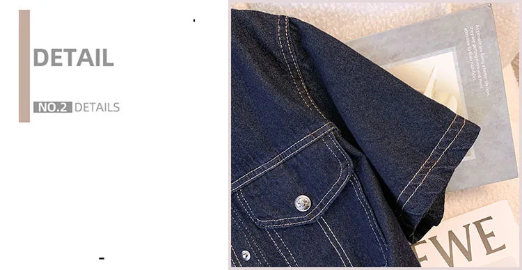 Hnewly  Deep Blue Short Sleeve Denim Jacket For Women Spring/Summer Lapel  Single Breasted Korean Loose All-Match Short Casual Top
