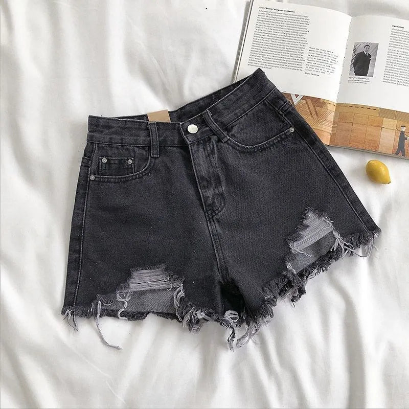 Hnewly Korean Denim Shorts Women Summer Fashion Casual High Waist Ripped Jeans Pocket Tassel Y2K Hot Pants Streetwear Blue Trousers