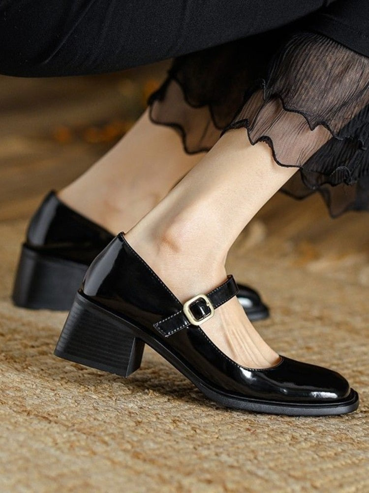 Hnewly Autumn Solid Medium Heels Sandals Office Ladies Buckle Casual Korean Style Pumps Non Slip Soft Elegant Shoes Woman Vintage