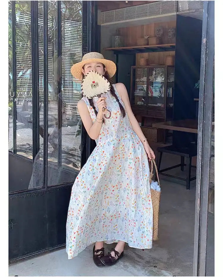 Hnewly  Summer New Gentle Style High Waist Floral Vest Dress Women's Clothing Cotton Material A-Line Skirt Loose Fit Long Sleeve