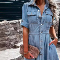 Hnewly  Elegant Loose Women's Blue Dress Button Shirt Short Sleeve High Waist Single Breasted Summer Long Maxi Dresses Vestidos