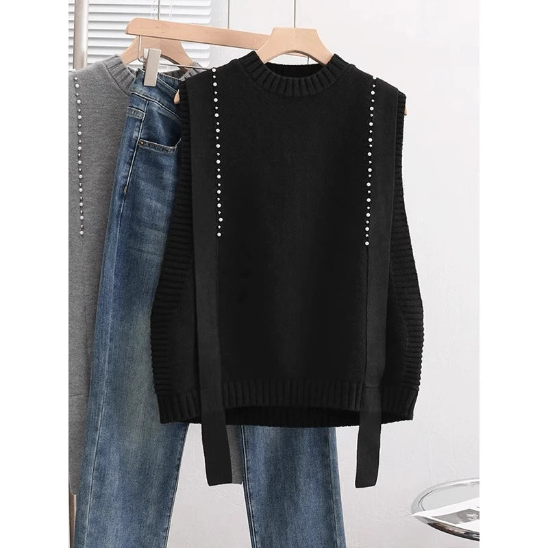 Hnewly  Elegant Bead Knitted Sweater Vest Women's Spring  Autumn Loose Versatile Comfortable Sleeveless Vest Casual Solid O-neck Top