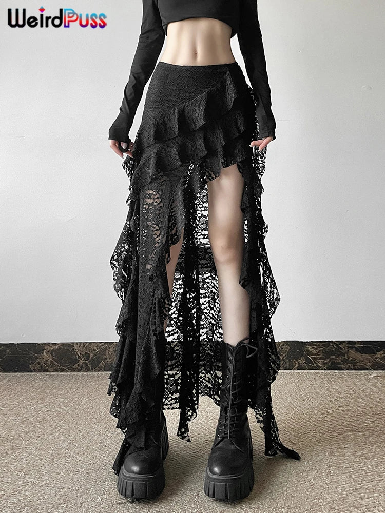 Hnewly  Women Skirts Chic Irregular Hem Multi-Layered Ruffles Lace Patchwork Summer Trend Skinny Versatile Bottoms