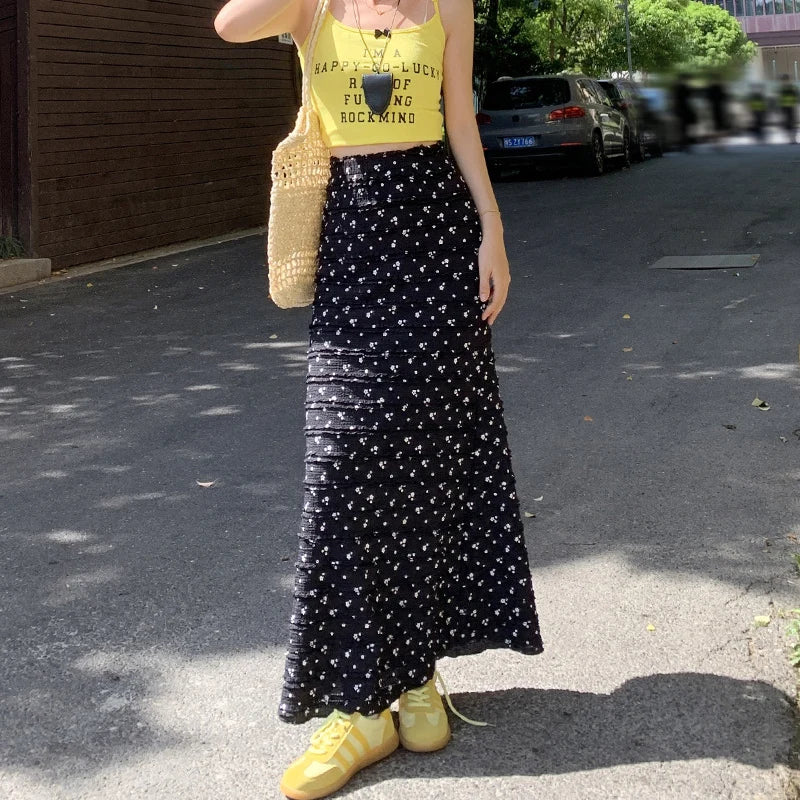 Hnewly  French Printed Fold Fishtail Skirt for Women  Korean High Waist Long Skirts Woman Summer Chic Wrap Hip Midi Skirts Female