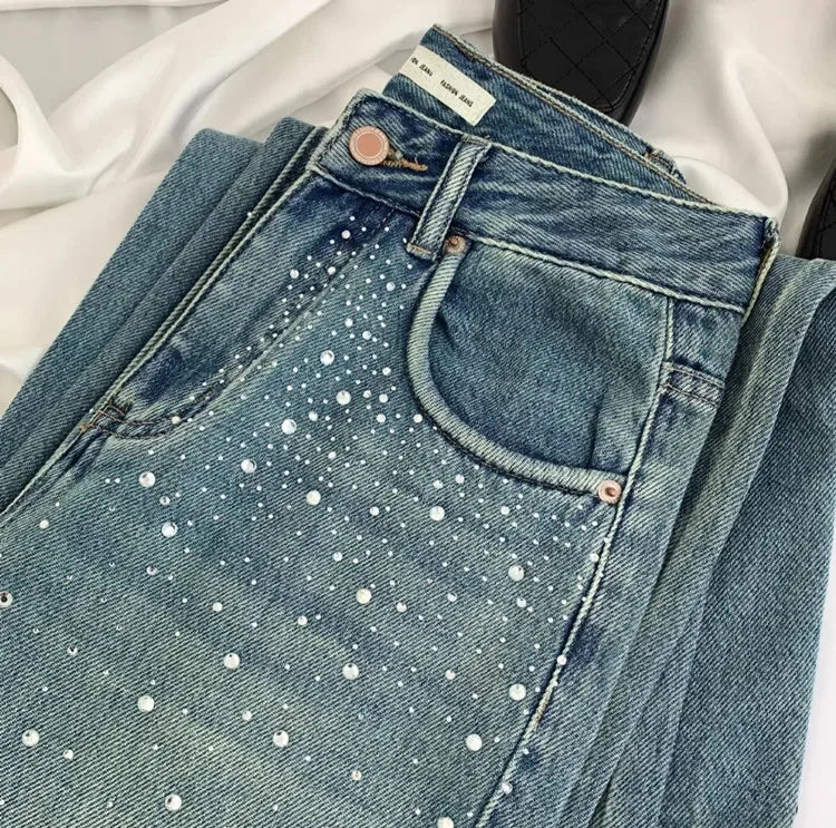 Hnewly  Korean Style Rhinestone Jeans For Women Spring New High Waist Loose Washed Wide Leg Pants Chic Niche Design Straight Denim Pants