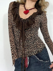 Leopard Print Lace Ruffled T-shirt Vintage Long Sleeve Tee Shirts Y2K Aesthetic Fairycore Crop Top Female Coqutte Cloth