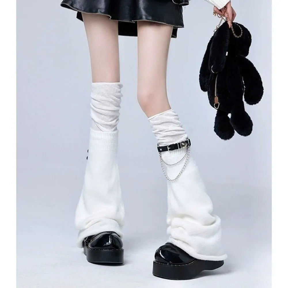 Hnewly  New Buckle Knitting Leg Warmers Over Knee Length Black Thigh High Socks Y2k Breathable Flare Long Leggings Girls