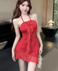 Hnewly  Irregular Dresses Women Ruffles Patchwork Sexy Sweet Sleeveless Halter Slim Ruched Backless Party Mini Dress Female
