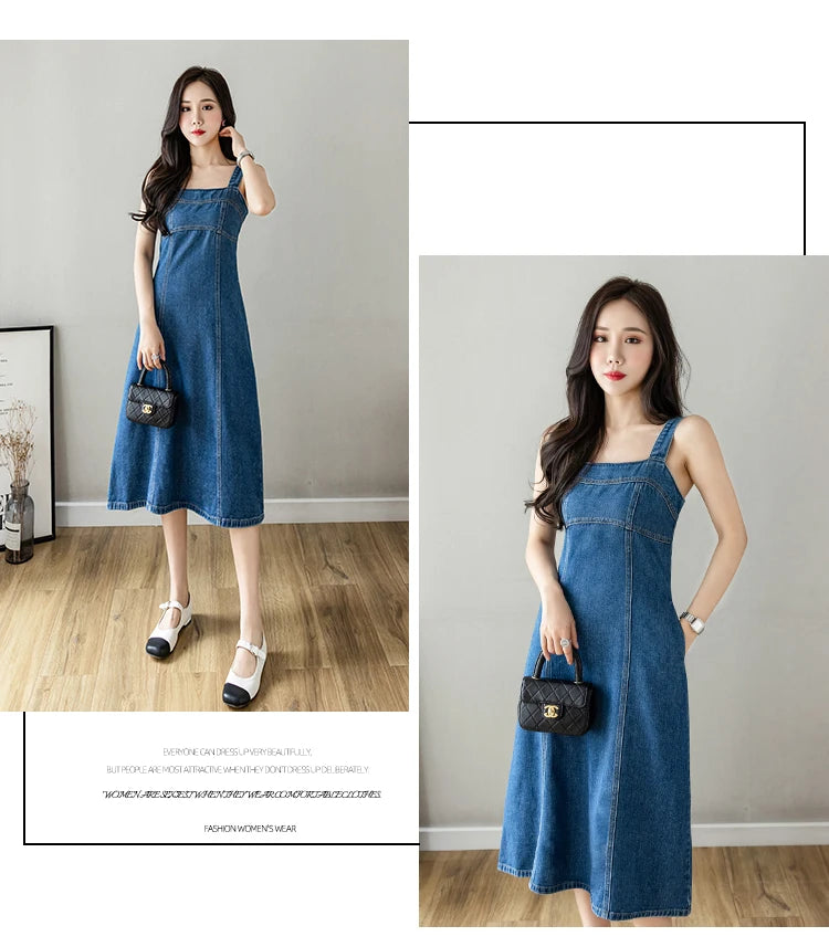 Hnewly  Denim Spaghetti Strap Dress New Summer Women's Retro Strap A-Line Dress Classic Blue Tea-Length Versatile Slim Sun Dresses