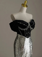 Hnewly  Strapless Slim High Waist Black Silver Mermaid Evening Dress Host Annual Meeting Birthday Coming-of-Age Ceremony Banquet Dress