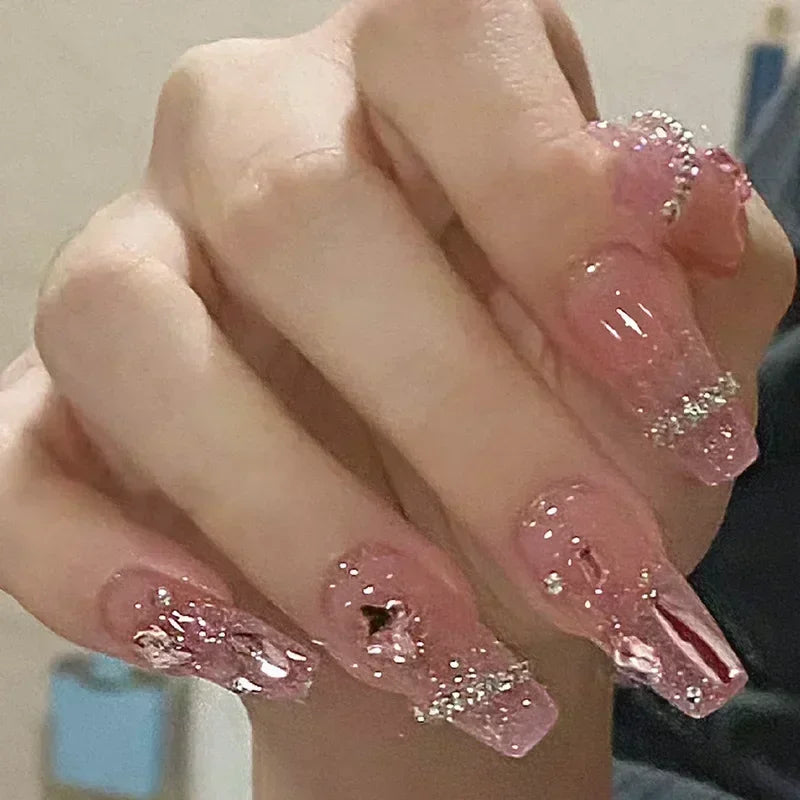 Hnewly 24Pcs False Nails French Gradient Ballet Fake Nails Press on Nails Black Heart Rhinestone Design Glitter Full Cover Nail Tips