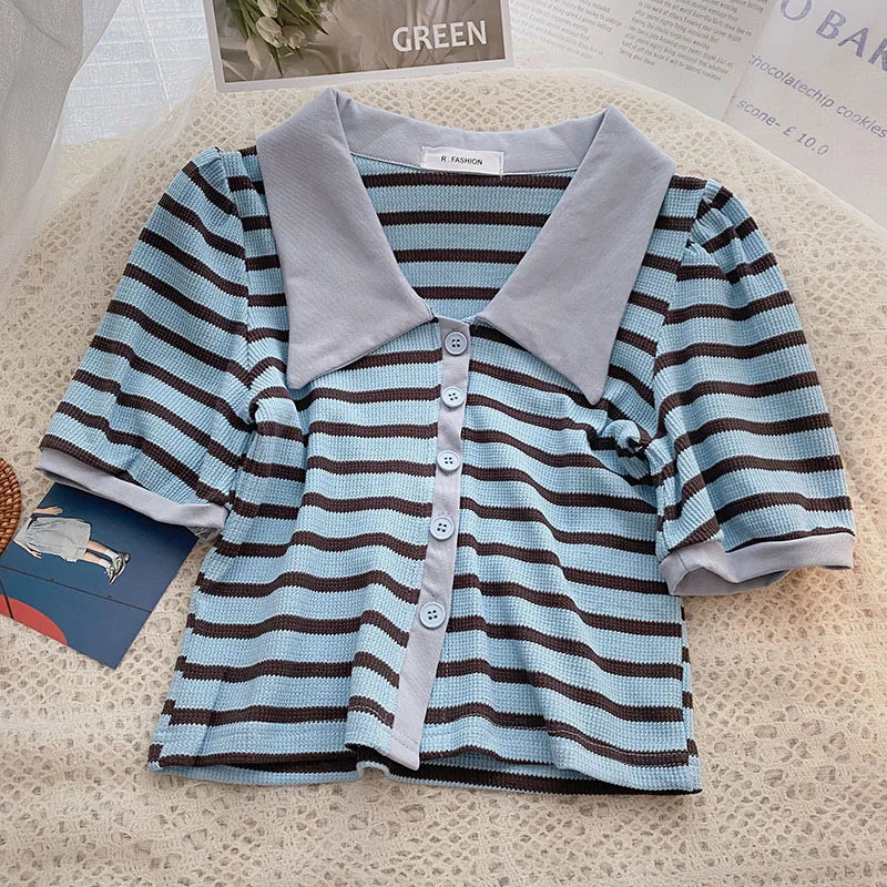Hnewly Korean Contrast Stripe T-shirt Cardigan 2025 New Summer Women's Commuting Fashion Buttons Lapel Shirt Slim Versatile Top Trend