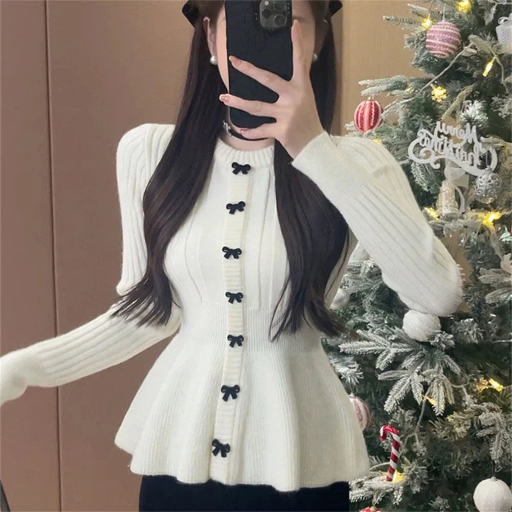Hnewly  New Year Ruffles Women's Basic Pullovers Knitwear Long Sleeve Casual Loose Japanese Cute Sweet Girls Bow Red Knitted Sweaters