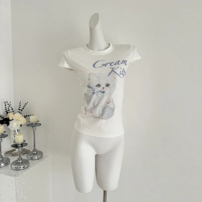 Hnewly  Sweet T Shirts Women Cartoon Cat Printed Short Sleeve Summer Fashion Sexy Stretch Slim Y2k Tops Female Casual Tshirt