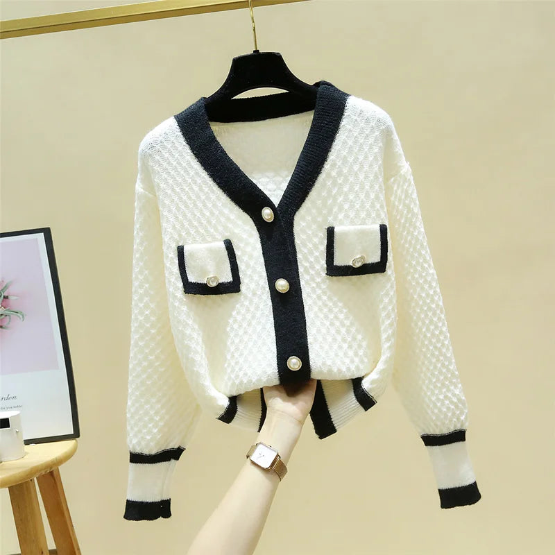 Hnewly  Korean Knit Sweater Temperament V-neck Single Breasted Jacket Women's Spring Autumn New Loose Long-Sleeved Cardigans  Coat