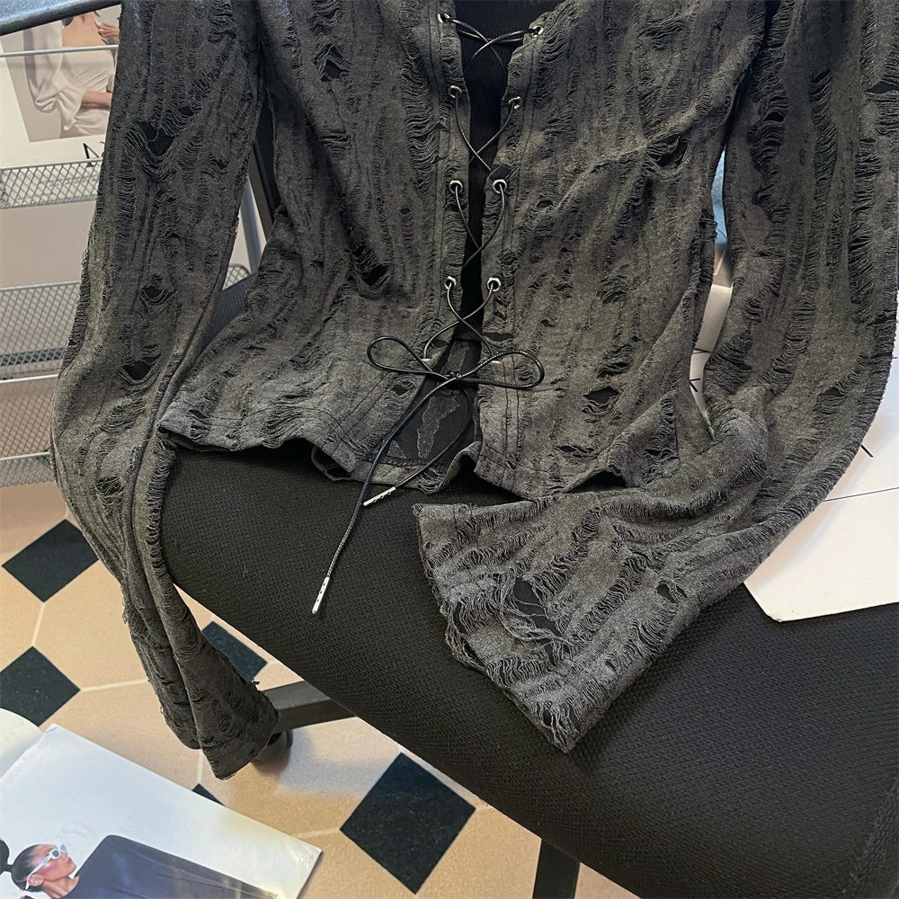 Hnewly  Destressed Two Piece Set Lace-up Cardigan with Cami Women's Y2K Grunge Crop Long Sleeve Criss Cross Knit Tops Acubi Outfit