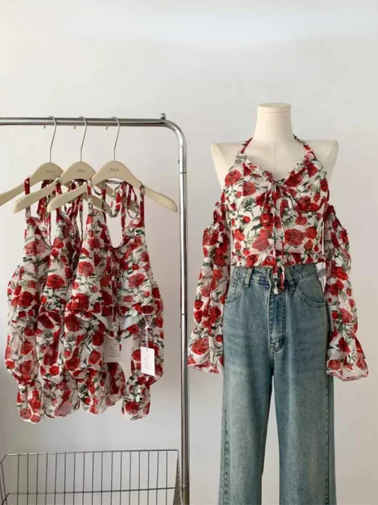 Hnewly Summer French Vintage Vest Office Lady Y2k Crop Top Women Design Casual Sexy V-Neck Sexy Floral Blouse Outwear Korean
