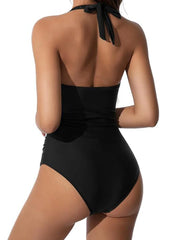 Hnewly  S - XXL Wrinkled Halter V Neck One Piece Swimsuit Women Swimwear Female Monokini Backless Bathing Suit Swim Beachwear Bodysuit