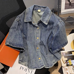 Hnewly  Retro Denim Jacket Women's 2025 Summer New Loose Versatile Short Sleeved Top Large Size Single Breasted Turndown Collar Shirt