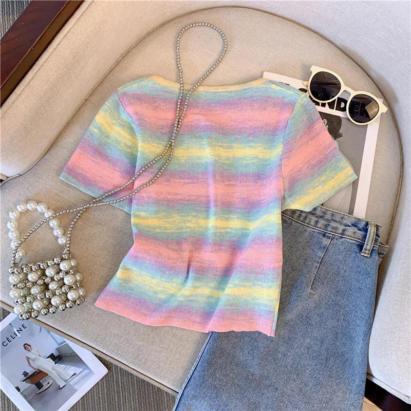 Hnewly  Contrast Striped T-shirt For Women's Summer Knitted Short Sleeved Tee  Cool Girls Fashion High Street Square Collar Short Top
