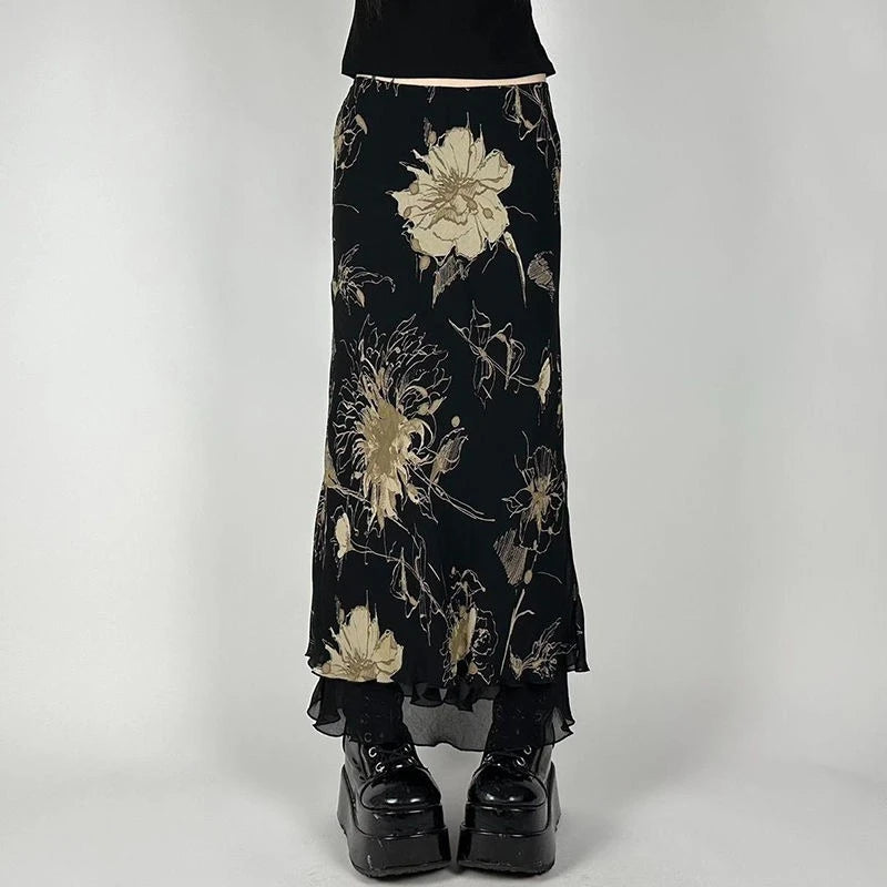 Hnewly  Gothic Vintage Skirt Women Florals Print Y2k Mesh Long Skirt Elegant Fashion A-line Layered Skirts Streetwear Aestheics