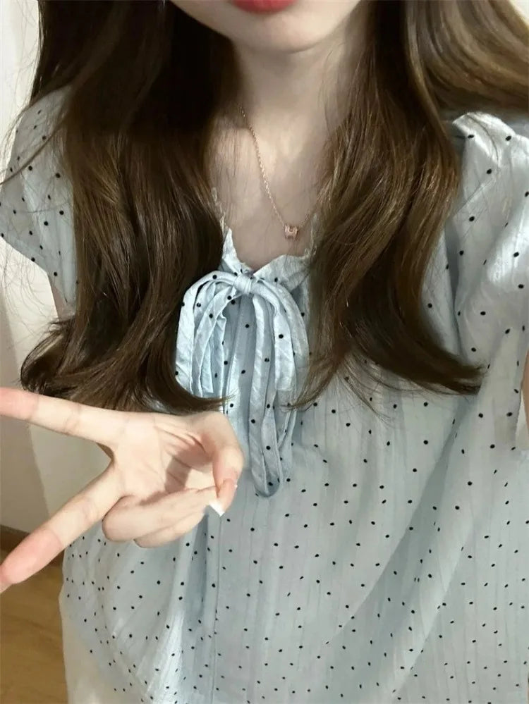 Hnewly  Women Blouse Bow Bandage Polka Dot Short Sleeve Sweet Loose Summer Fashion Shirts French Style Chic Female Tops Casual